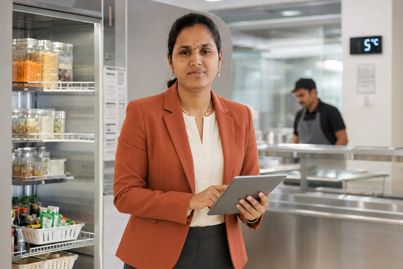 Vennela auditing the pantry and cafeteria stock in a corporate kitchen