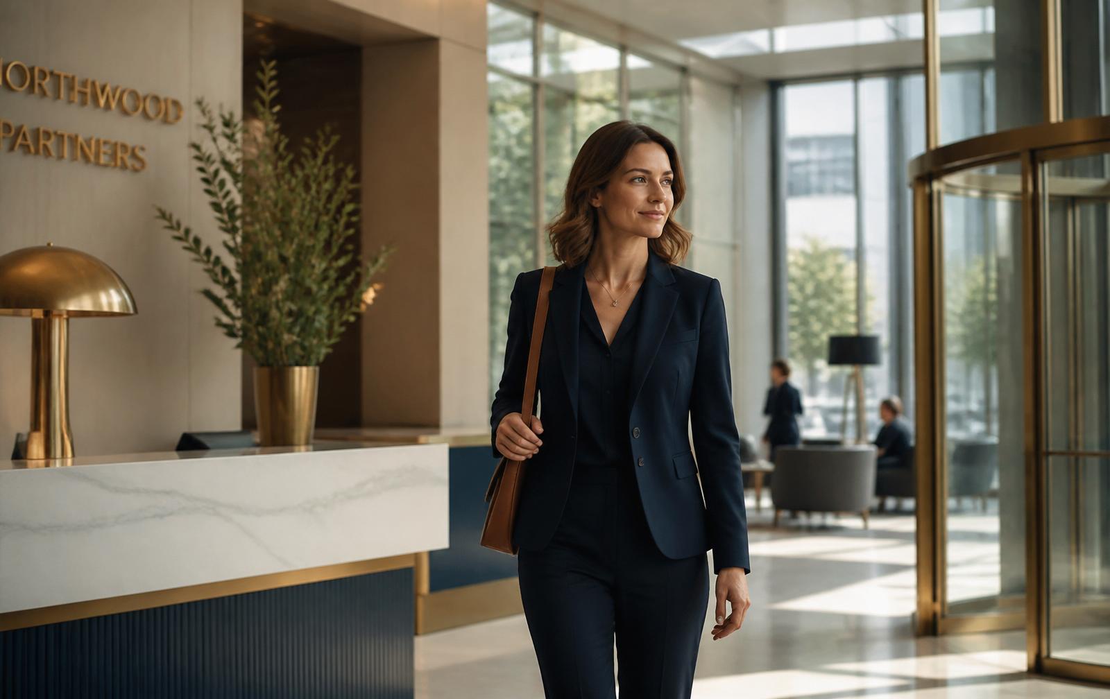 A workplace ambassador walking through a modern office lobby