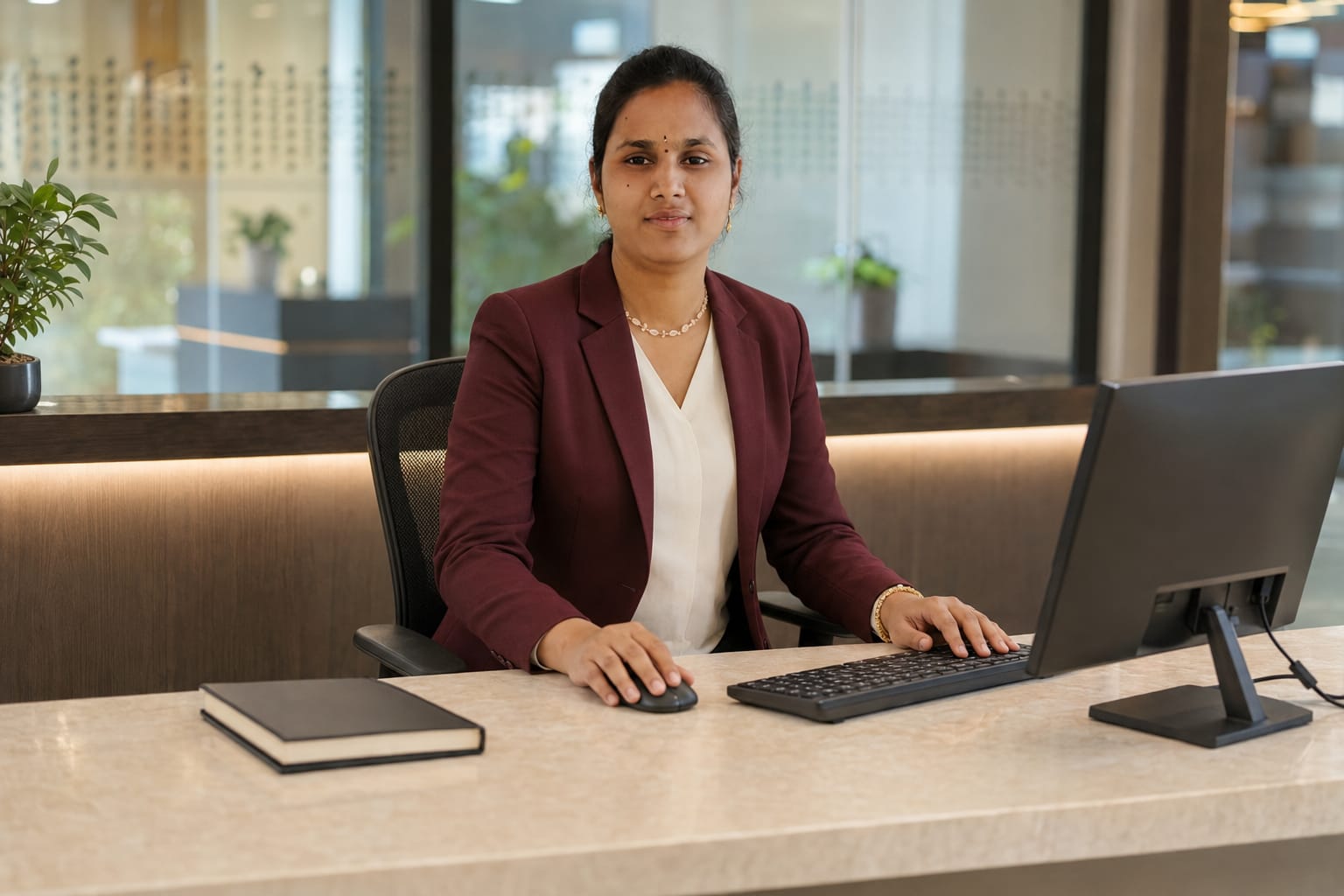 Vennela Nagilla in a maroon blazer at a reception desk