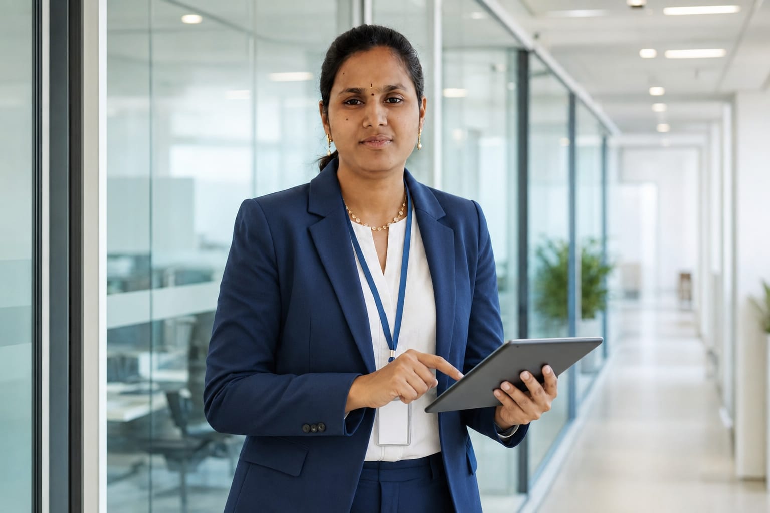 Vennela Nagilla in a navy blazer holding a tablet in a modern office hallway