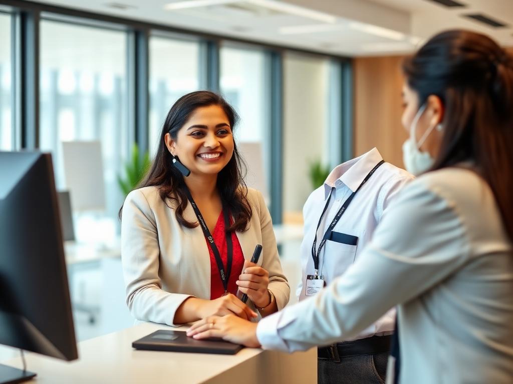 Workplace support professional assisting at a helpdesk