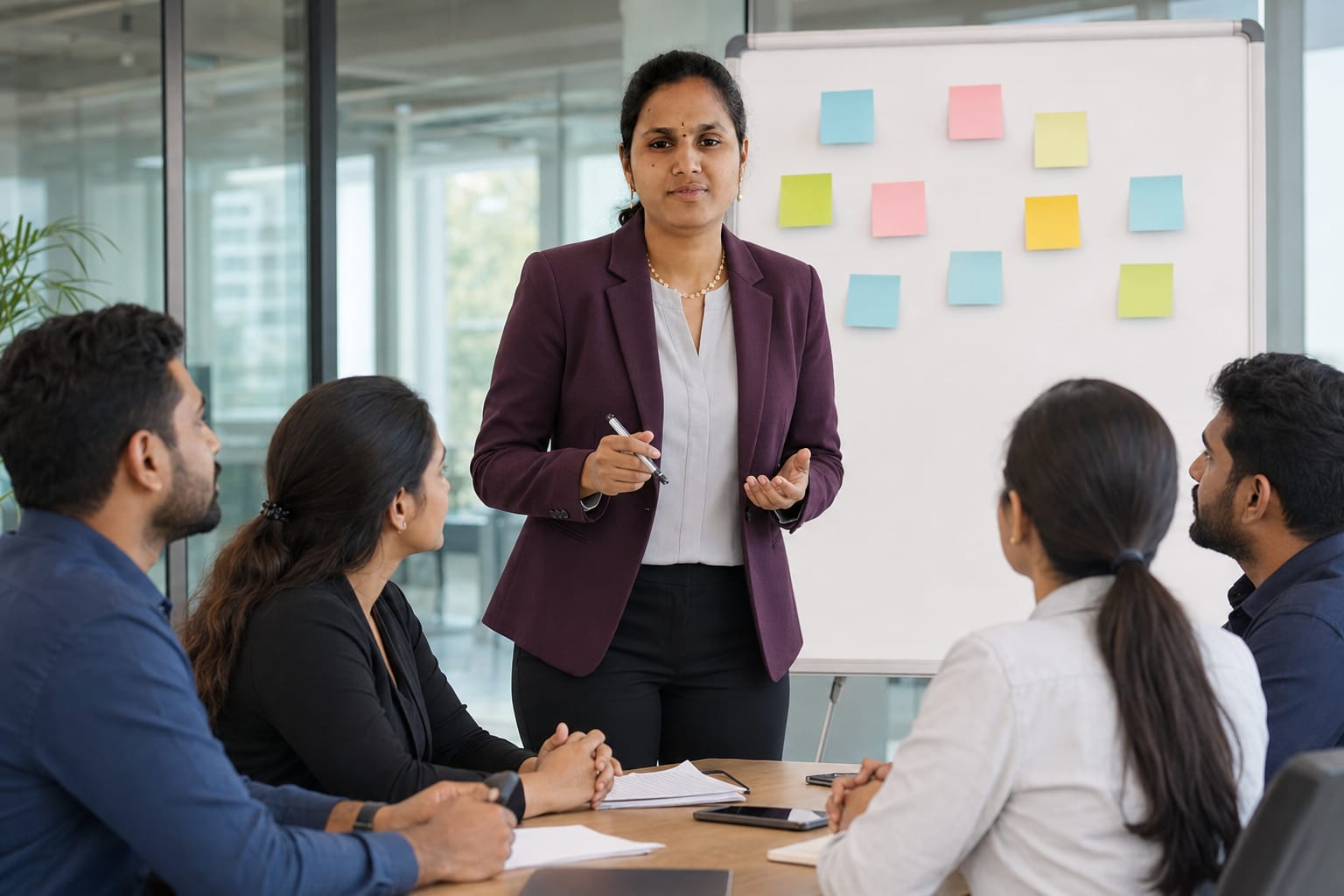 Vennela leading a team brainstorm at a whiteboard