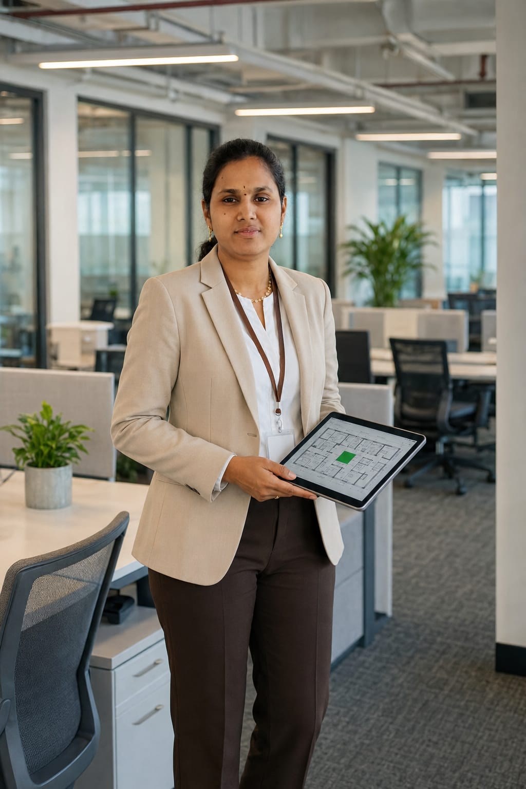 Vennela reviewing a floor plan on a tablet in an open workspace