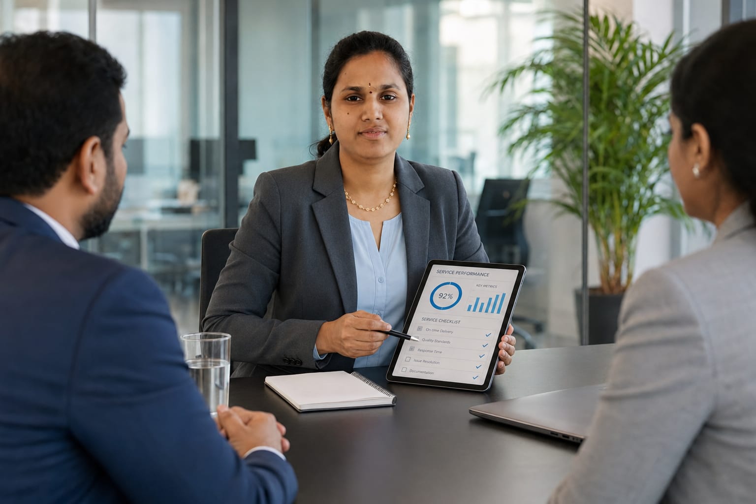 Vennela presenting service performance on a tablet
