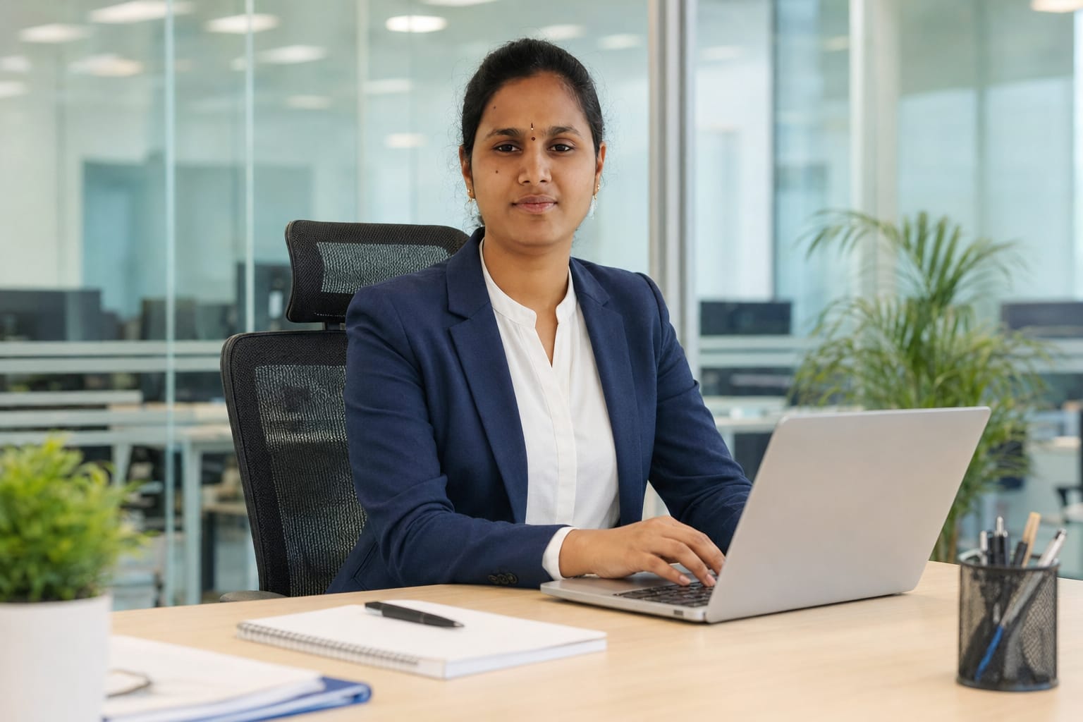 Vennela Nagilla in a navy blazer at her workstation